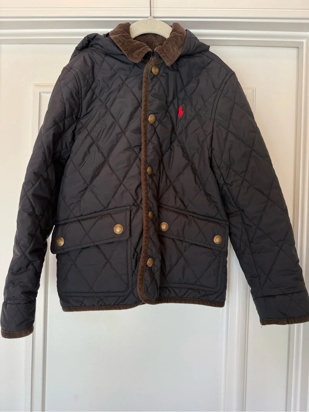 Ralph Lauren Black Quilted Hooded Barn Jacket with Brown Trim